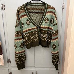 ROMWE Olive Green & Mint Patterned Cropped Cardigan